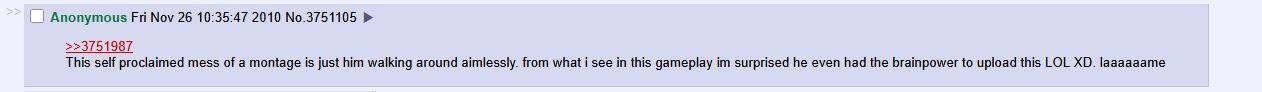 4chan comment says 'This self proclaimed mess of a montage is just him walking around aimlessly. from what i see in this gameplay im surprised he even had the brainpower to upload this LOL XD. laaaaaame'